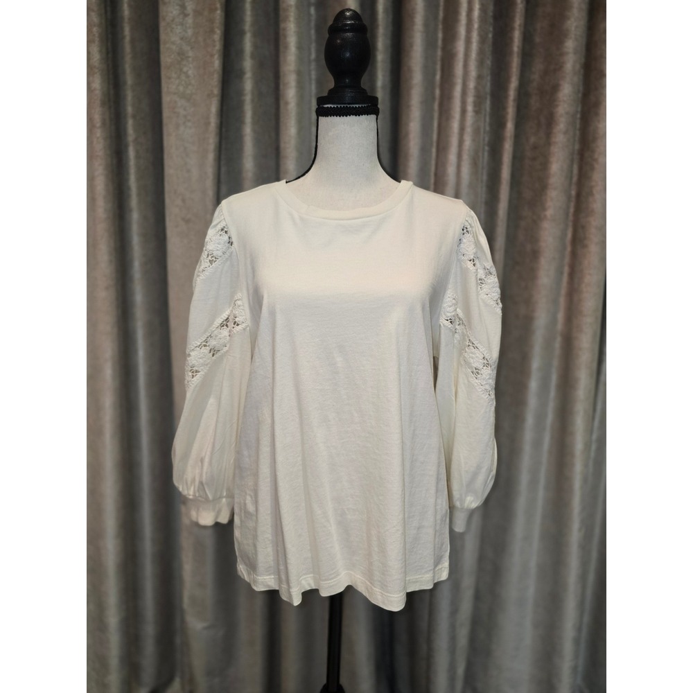 J.Crew Ivory Cotton Puff Sleeve Crochet Lace Knit Top BT679 Womens Medium NWT